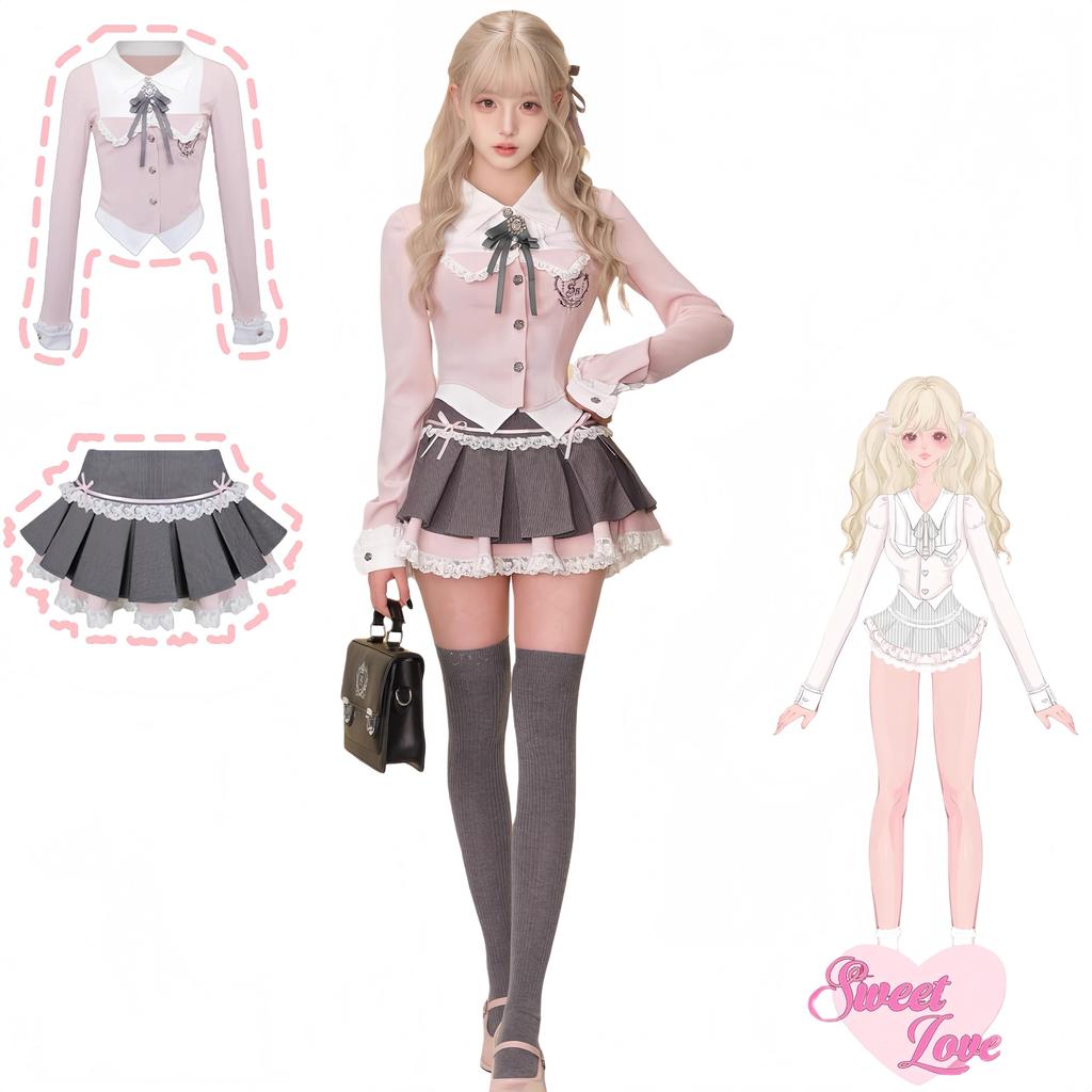 Ligwon Gothic Lolita JK Uniform Set with Mini Pink and Harajuku Korean Christmas Women's Skirt, Gray, Style, Style, Spring, Summer, Autumn, Halloween,
