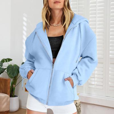 Damskie bluzy z kapturem zapinane na zamek, z długim rękawem, oversize, jesienne kurtki polarowe z kieszeniami, casualowe stroje do ćwiczeń