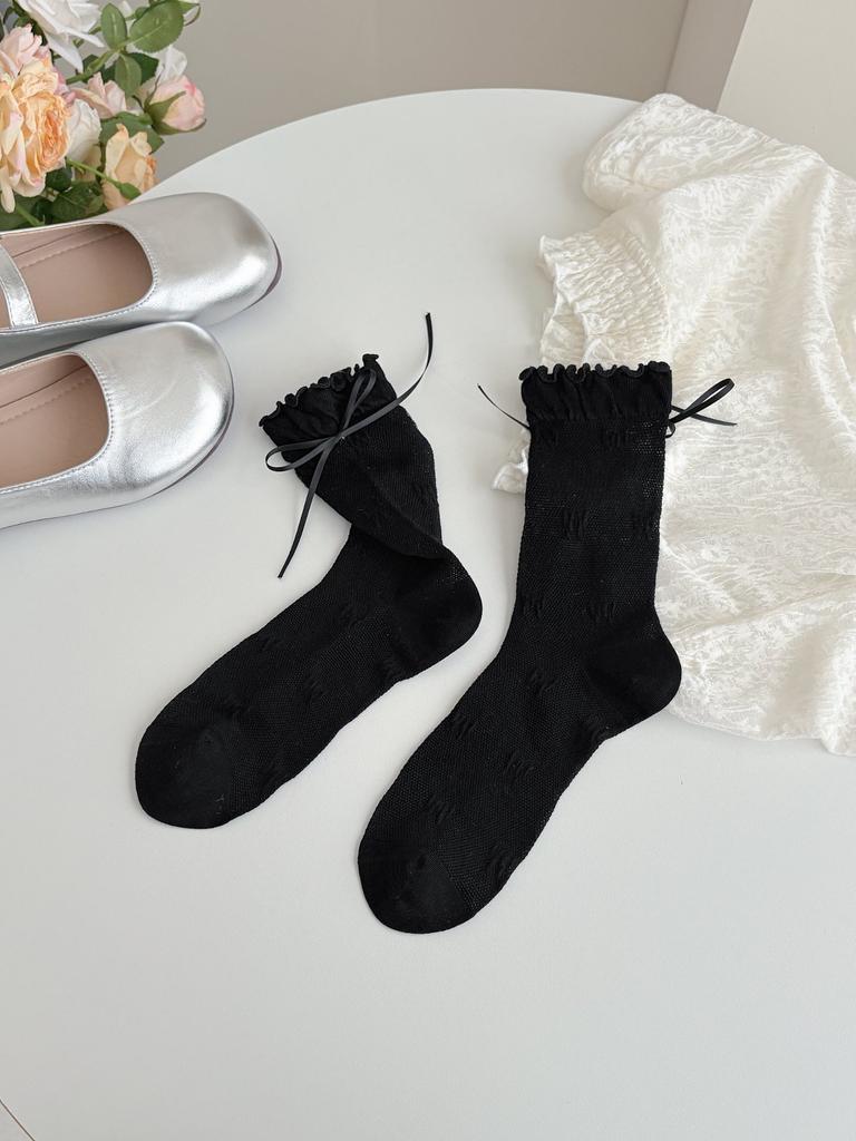 2 Pairs Fashion Trendy Sweet Korean Style Summer Silk Socks Women Mid Tube Mesh Thin Socks with Bow Decoration Shor Socks