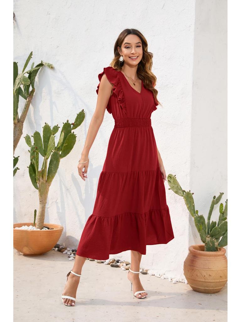 "V-Neck High Waist Layered Maxi Dress - Casual Holiday Travel"
