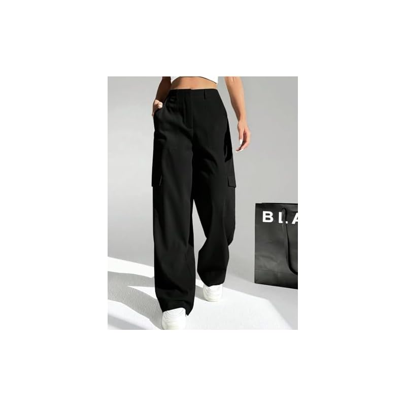 GRECIILOOKS Cotton HIGH Waist Cargo Trousers for Women (GL-TR1043-S-BLACK) 36