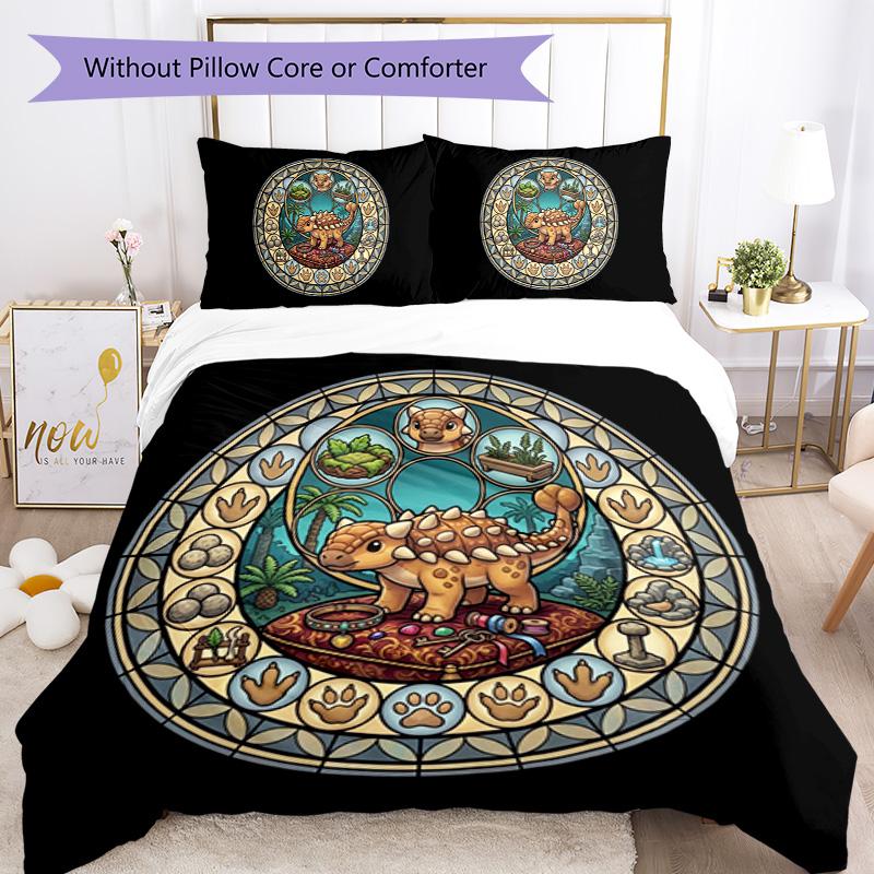 Dinosaur Glass Art Pattern Bedding,Quilt Set Quilt Cover Pillowcase Home Birthday Gift (1*duvet cover+2*pillowcase,without core)