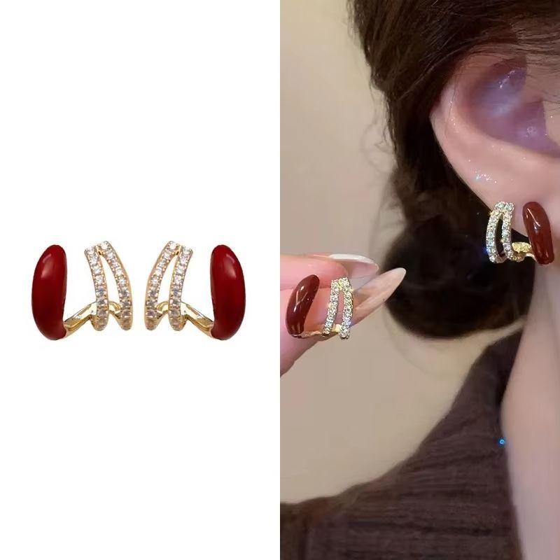 Wine Red C-shaped Stud Earrings for Women Curved Crystal Luxury Wedding Ear Decoration Female Small Earrings new trend