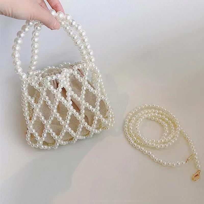 Yogodlns French Retro Handbag Fairy Woven Beaded Bucket Bag Crossbody Bag Summer Niche Design Hollowed Out Pearl Bag