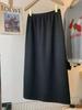 Women's Deep Gray Wool Tweed Midi A-line Skirt, 2026 Spring/Autumn Collection, Elastic High Waist.
