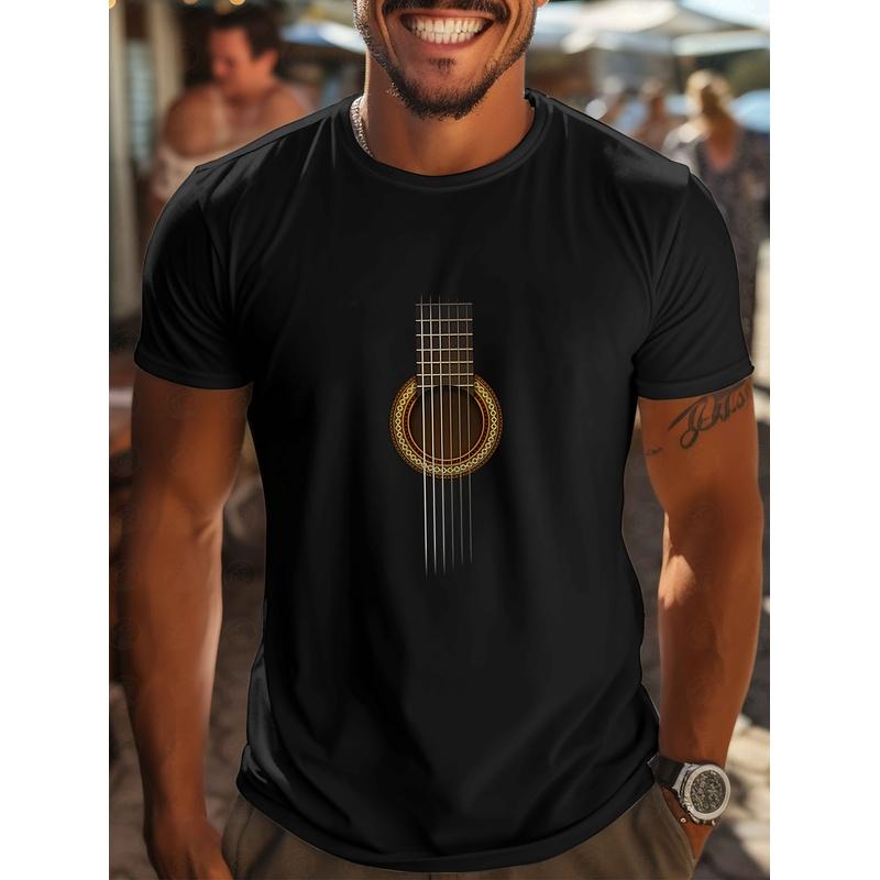 Men's Music Note & Guitar Print T-Shirt - Breathable Knit Relaxed Fit Short Sleeve Crew Neck Tee with Music-Themed design for Concerts, Casual Wear &