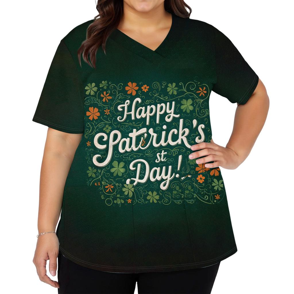 Women's Fashion V-neck Short Sleeve Workwear With Pockets Printed Tops