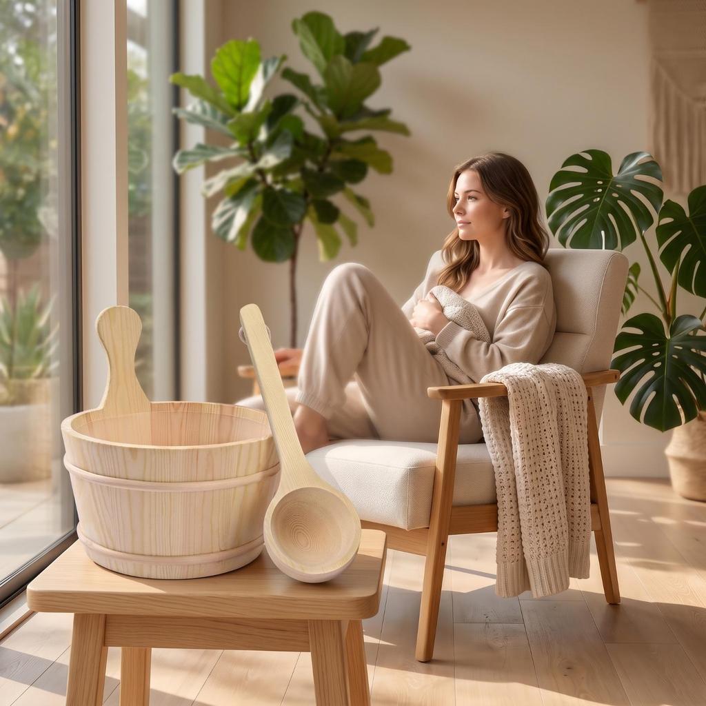 Wooden Sauna Pail Natural Wood and Ladle Set Long-Lasting