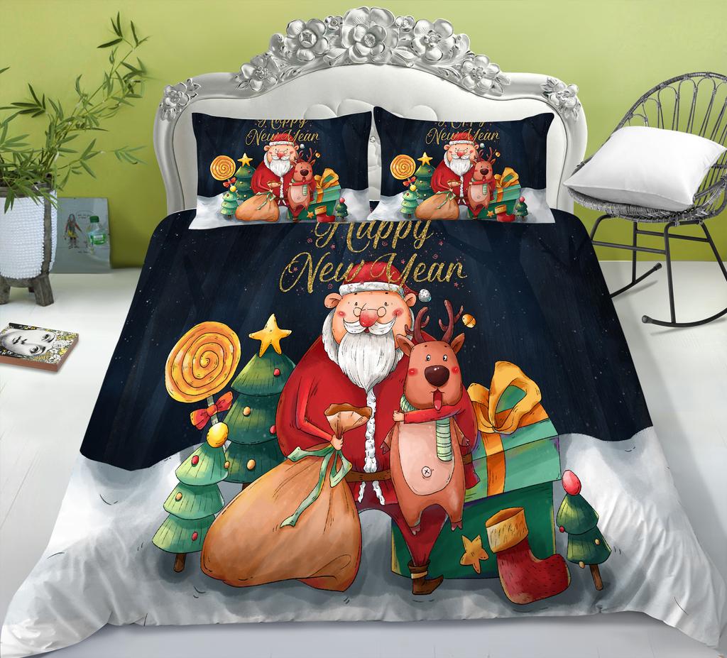 Christmas Quilt Cover Pillowcase Three-Piece Children'S Holiday Gift Cartoon Digital Printing Polyester