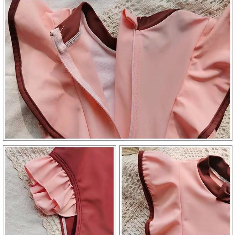 Cute Korean-Style Pink Lace Zipper Swimsuit for Girls