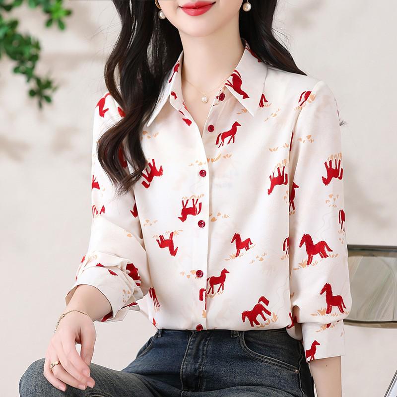 Women s French Retro Pony Print Chiffon Shirt - Elegant Designer Spring/Autumn 2026 Style M