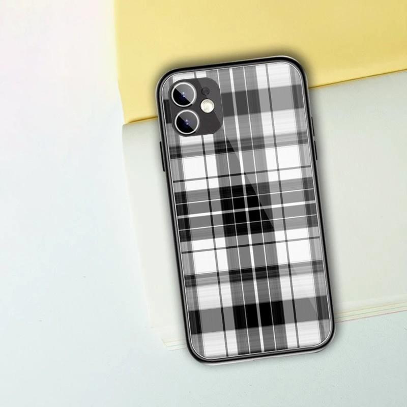 Black White Checkered Phone Case For IPhone 13 12 11 XS X 8 7 6 Plus Mini Pro Max SE 2022 Black PC TPU Glass Phone Cover