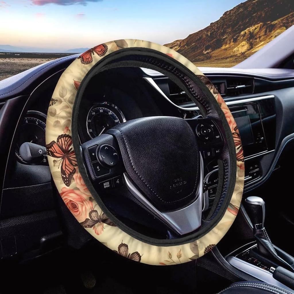 15inch Cow Sunflower Auto Steering Wheel Cover for Women Men Sunflower Lover,Brown Cowhide Steering Wheel Cover Protector Accessory Elastic and Anti