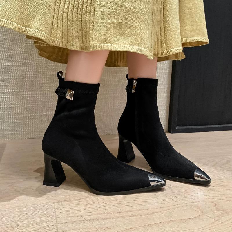 

Fashion New Style Women Back Zip Zipper Luxury Designer Ladies Rubber High Heel Fashion Pointy Ankle Rock Pointed Toe Zapatos Mujer 35