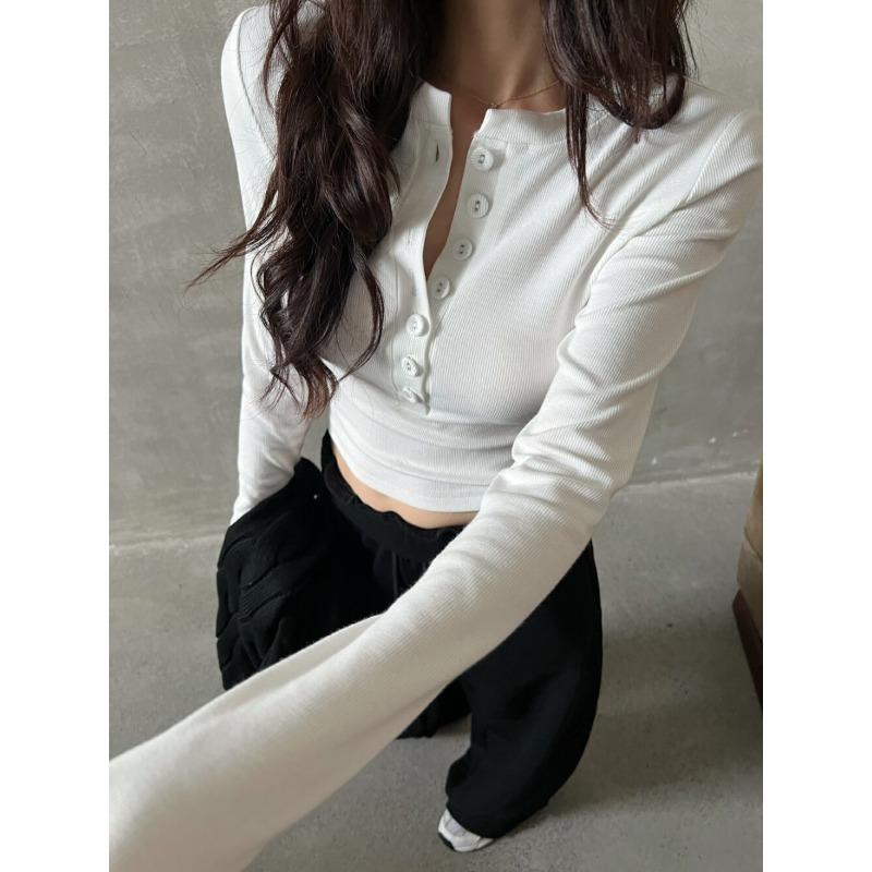 White bottoming shirt women's spring new single-breasted front shoulder slim-fitting Spice Girl long-sleeved T-shirt top trendy