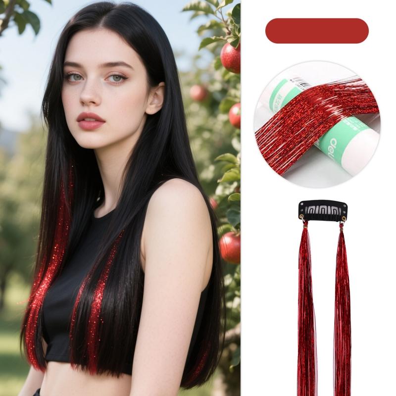 2pcs/set Laser Silk Colorful Hair Piece Extension Colorful Fake Hair Clip in One Piece Hairpiece Colorful Holographic Hair Tinsel Glitter Fairy