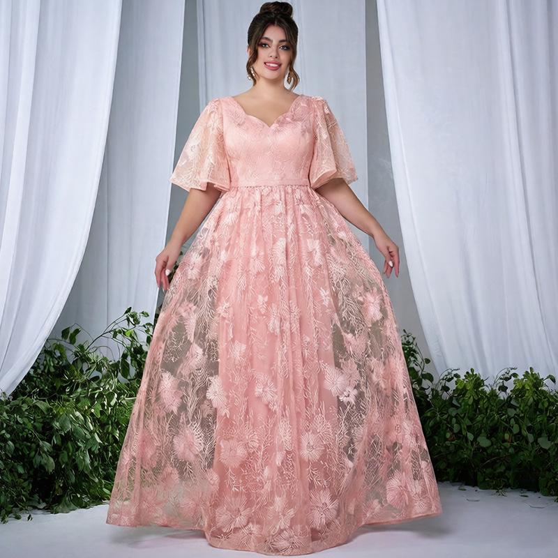 2026 Pink Plus Size V-Neck Embroidered Bell Sleeve Summer Dress for Women 0XL