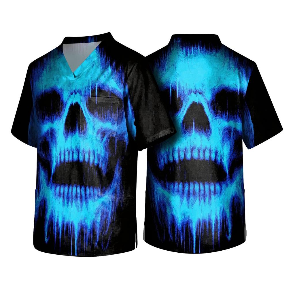 Men's Halloween Printed V-Neck Short Sleeve Scrub Top with Pocket