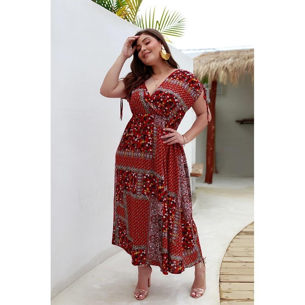 V Neck Retro Floral Print Women's Dresses Bohemian Short Sleeve Loose Female Spring Clothes Elegant Plus Size Vestidos Mujer