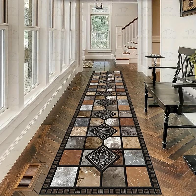 Retro Plaid Long Carpet Welcome Mat Kitchen Rug Runner Rug Living Room Carpet Bedroom Bedside Floor Mat Home Decoration