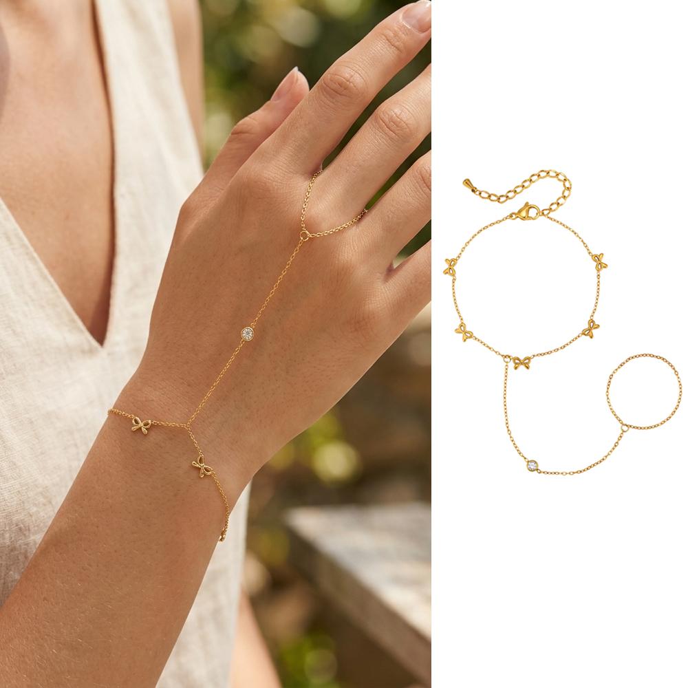 Bracelet Esclave Perles Bohème, Acier Inoxydable Plaqué Or 18K, Chaîne de Main Étanche Bracelet Anneau de Doigt Bijoux Pour Femmes