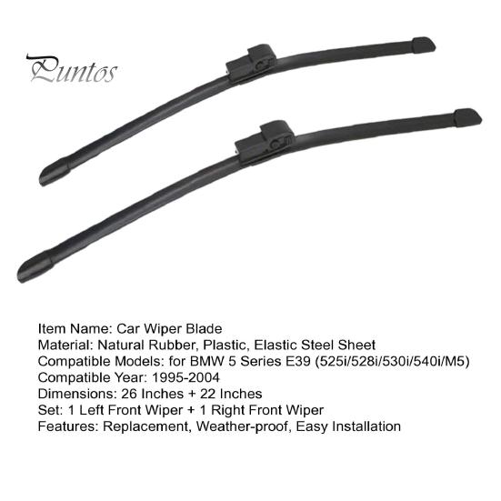 Natural Rubber Wiper Blades 2Pcs/Set Car Windshield for BMW 5 Series 1995-2004 E39 Automotive Replacement Parts 525i 528i 530i 540i M5, 26/22-Inch All