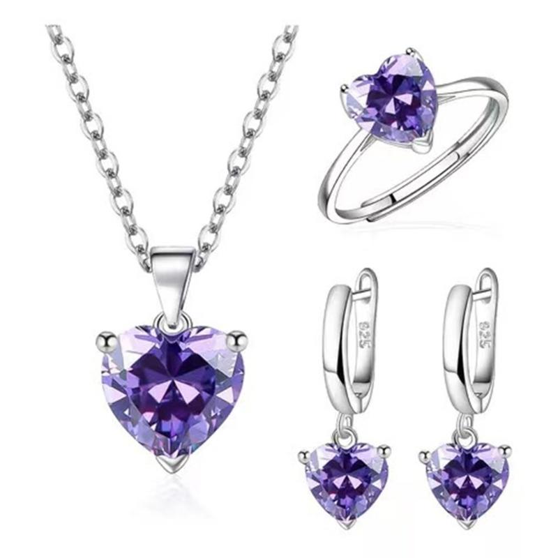 A52E Elegant Cubic Zirconia Heart Jewelry Matching Earrings Ring Necklace Copper Set
