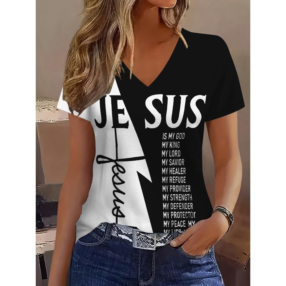 Full Body Printed Breathable V-neck Short-sleeved Faith T-shirt