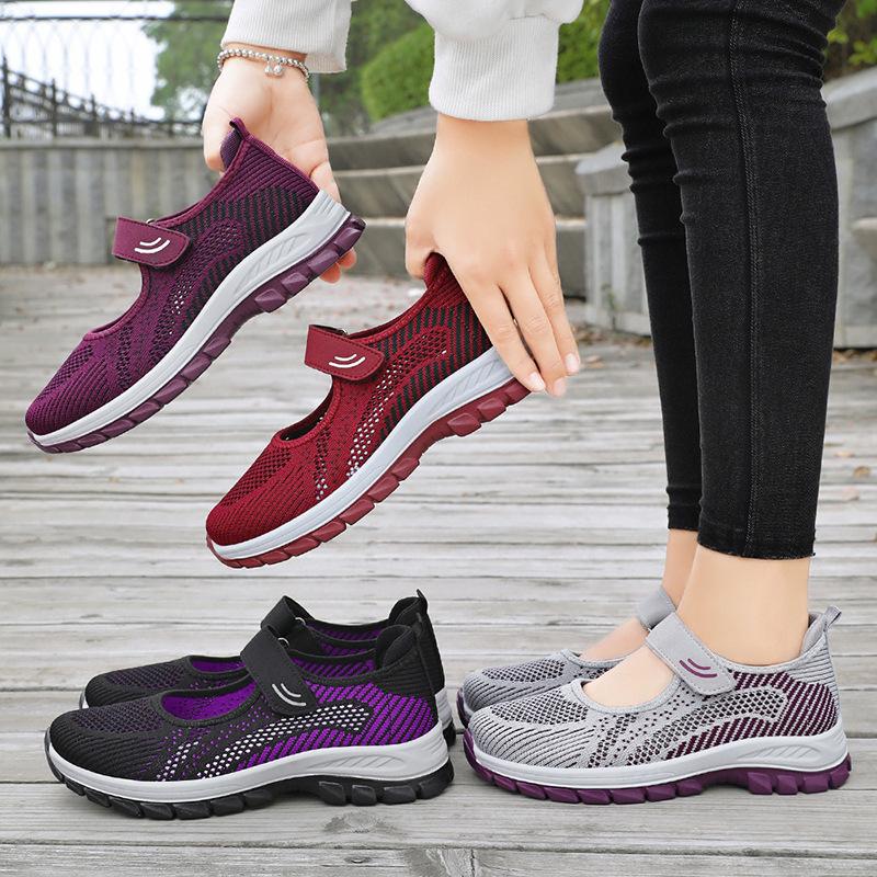 Sapatos de Caminhada Respiráveis de Malha Flyknit com Velcro para Mulheres de Meia-idade e Idosas