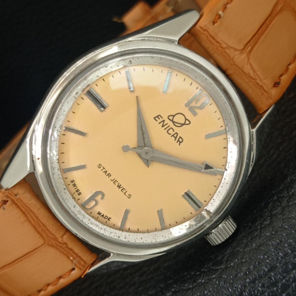 ENICAR STAR JEWELS ВИНТАЖНЫЕ ШВЕЙЦАРСКИЕ МУЖСКИЕ ЧАСЫ С РУЧНЫМ ПОДЗАВОДОМ БЕЖЕВЫЙ ЦИФЕРБЛАТ a703781-1