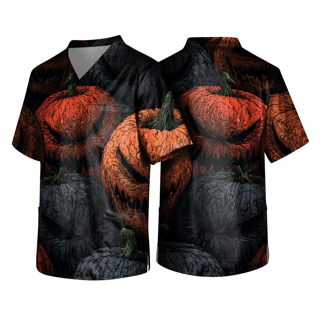 Men's Halloween Print V Neck Pocket Scrub Top Short Sleeve Medical Uniform Shirt with Graphic Design for Healthcare Professionals