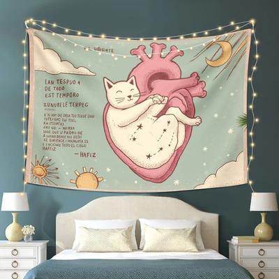 Cat On Heart Design Tapestry Whimsical Animal Art CelestialThemed Wall Hanging Polyester Fabric for Bedroom or Dorm Decor
