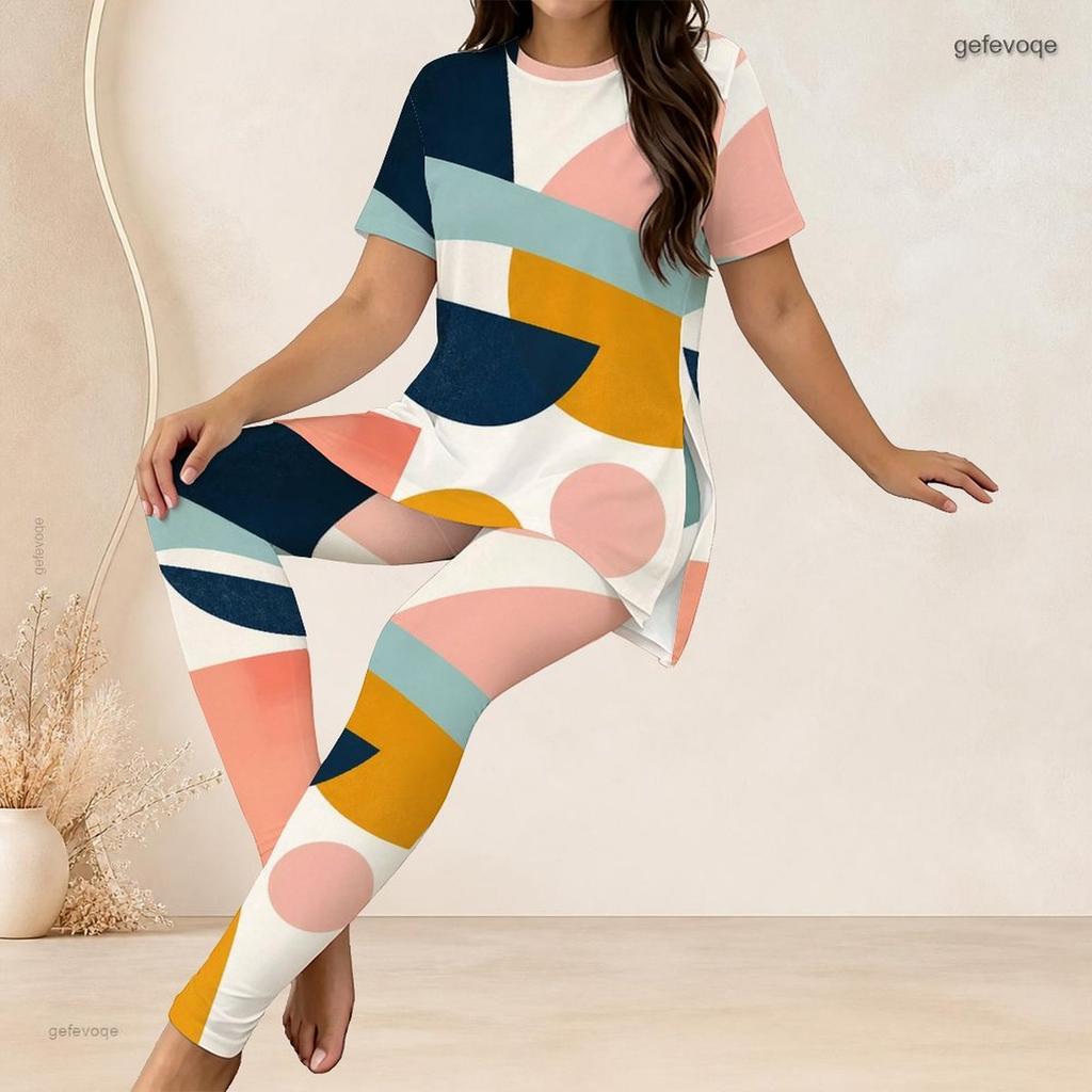 Women Plus Size Geometric Printed Round Neck Short Sleeve Long Top And Long Pants Two Piece Set