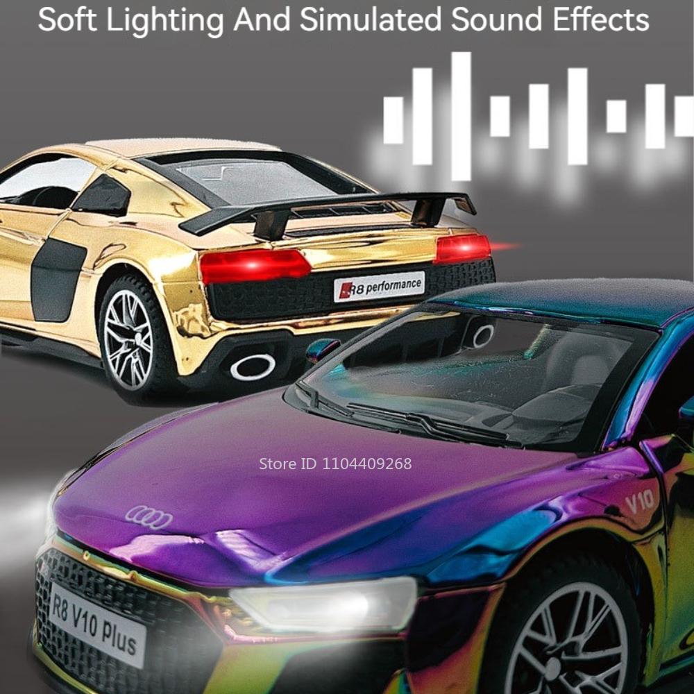 1:32 R8V10 RS6 Sports Car Toy Model Alloy Body Rubber Tires Models Sound Light Pull Back Supercar Collection Gifts for Children