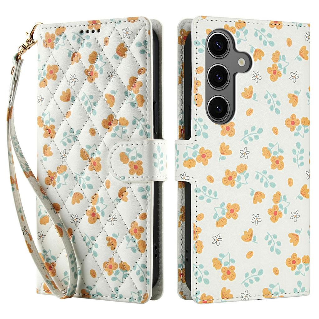 For Samsung Galaxy S25 FE Wallet Case Rhombic Floral Design Leather Flip Phone Cover with Strap