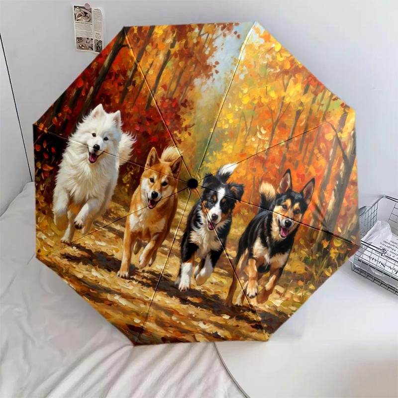 1 PC Automatic Folding Umbrella - Maple Leaves, Puppies, Horses, Kittens Pattern, Portable & Foldable Design with 8 Ribs, Christmas Birthday Gifts