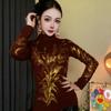 De Rong Women's Rhinestone Long-Sleeve Half-High Collar Shirt – Elegant Autumn/Winter Base Layer Top