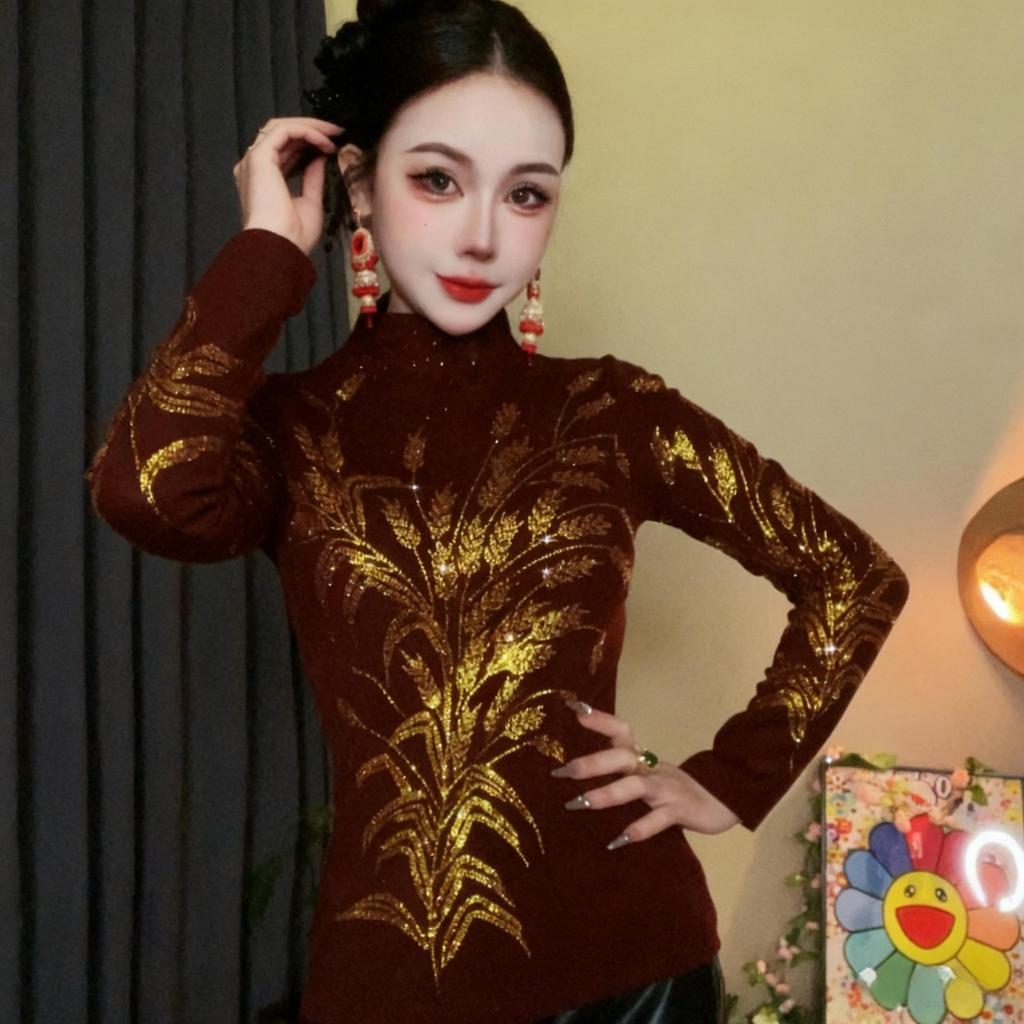 De Rong Women's Rhinestone Long-Sleeve Half-High Collar Shirt – Elegant Autumn/Winter Base Layer Top
