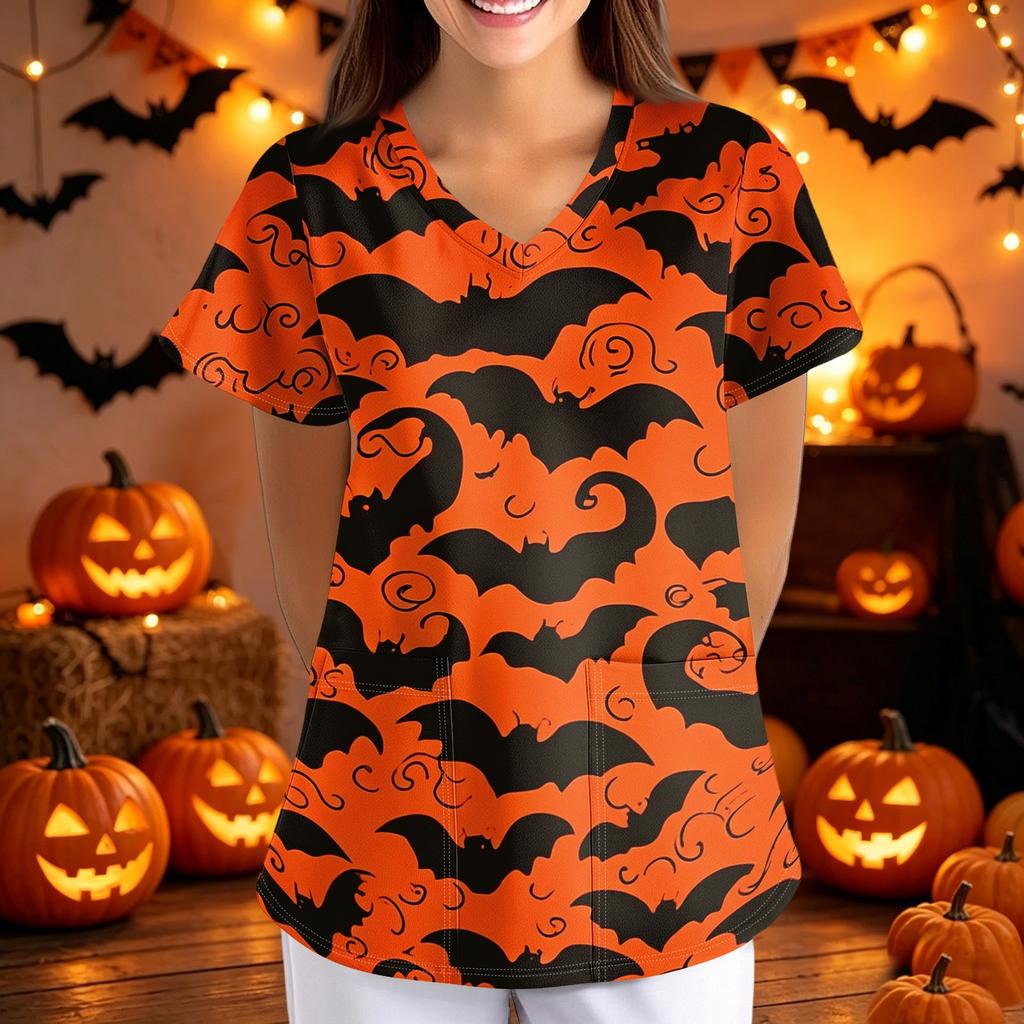 Women Halloween Print Loose V Neck Short Sleeve Medical Scrub Top with Pockets Nurse Uniform Work Shirt for Healthcare Professionals