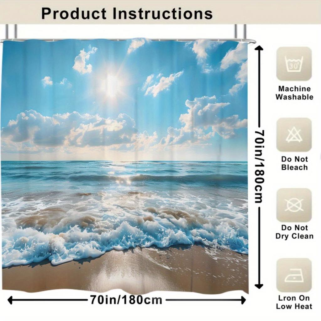 Sunny Beach Waves Shower Curtain Polyester Washable With 12 Hooks For Bathroom Decor
