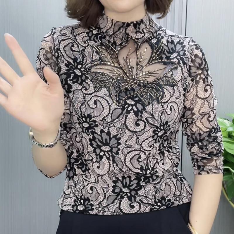 Nuova Maglietta Primaverile a Collo Semi Alto con Maniche Lunghe e Dettagli Cut-Out per Donna Versatile Elegante Top con Strass
