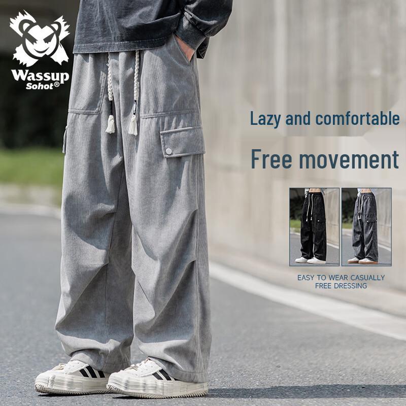 Wassup Sohot Męskie Retro Casualowe Spodnie Robocze z Szerokimi Nogawkami