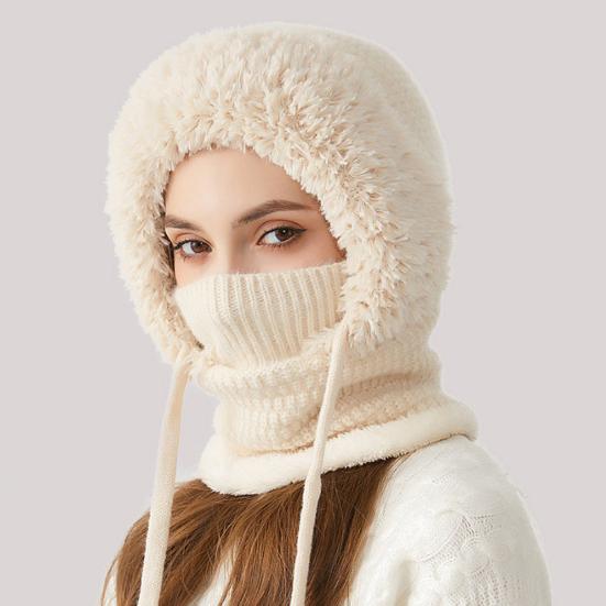 3 In 1 Knitted Hat Women Soft Plush Winter Scarf with Face Guard Adjustable Straps Windproof Hooded Design Scarf