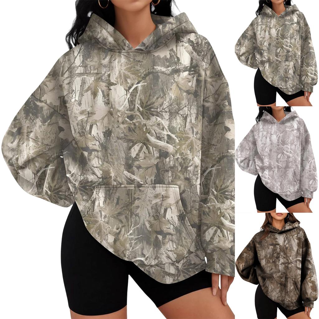 Women Loose Fit Hoodie Sweatshirt with Branch Pattern Print Long Sleeve Pullover Casual Sportswear Top with Front Pocket and Hood