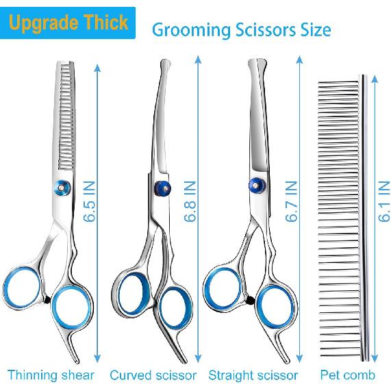 5 in 1 Upgraded Thicken Dog Grooming Scissors, Professional Dog Scissors for Grooming with Safety Round Tips, Lengnoyp Stainless Steel Thinning