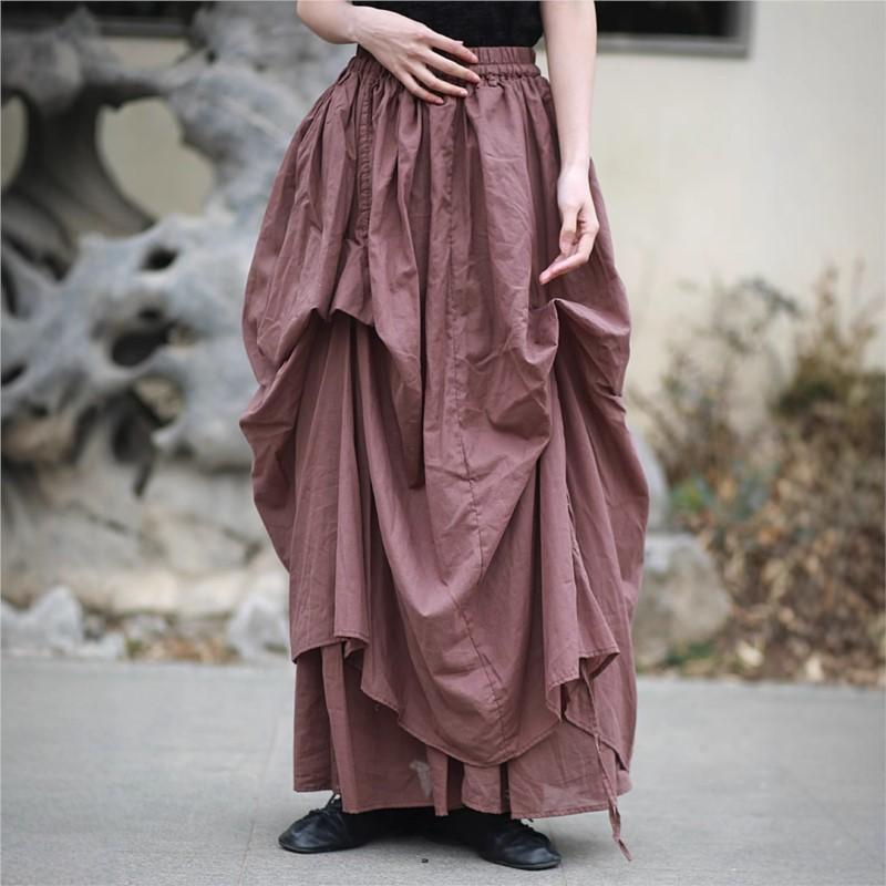 Johnature Women Vintage Irregular Skirts Elastic Waist Solid Color Summer Fold Female Skirts