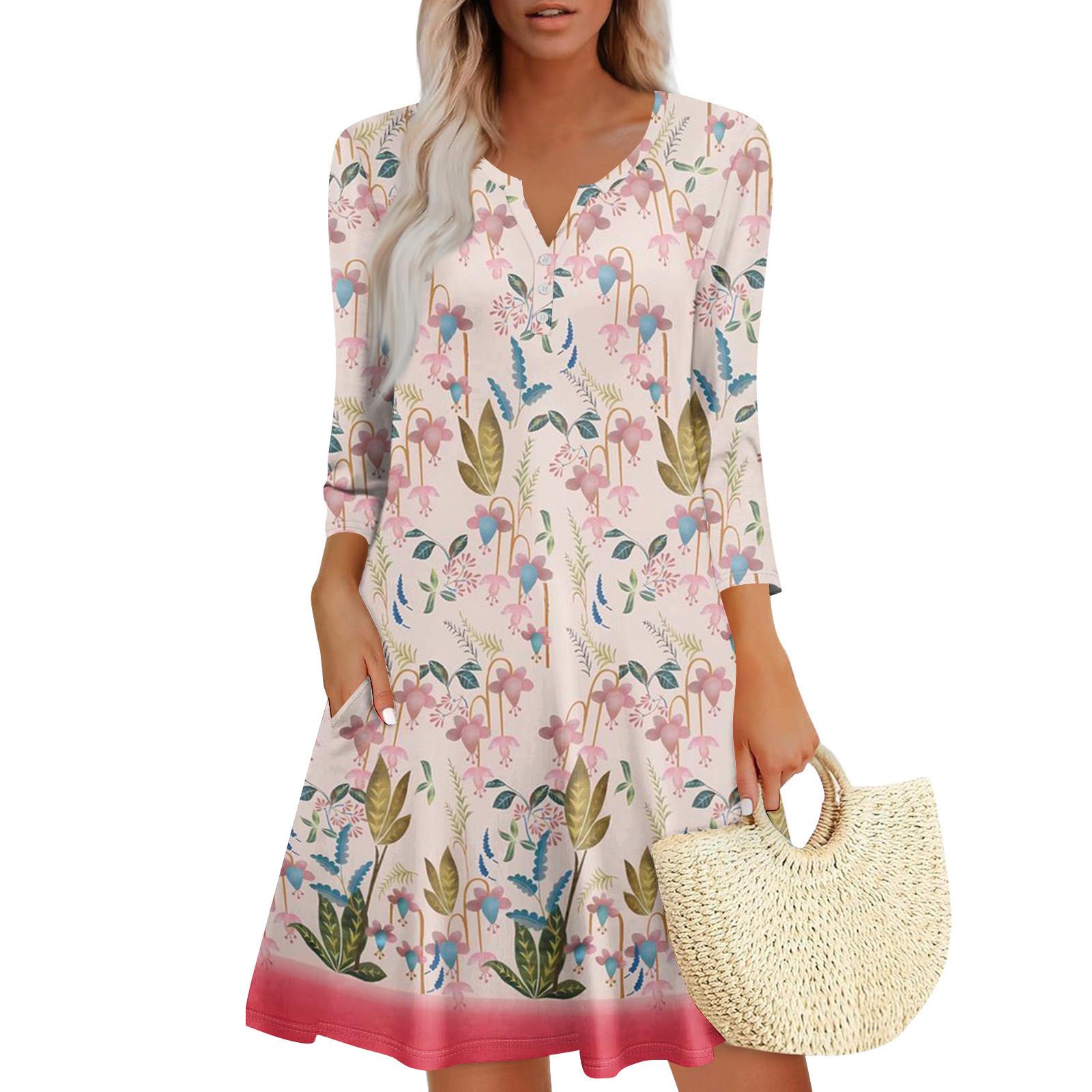 

Женское летнее платье, свободное платье с V-образным вырезом, рукавом три четверти и карманами S