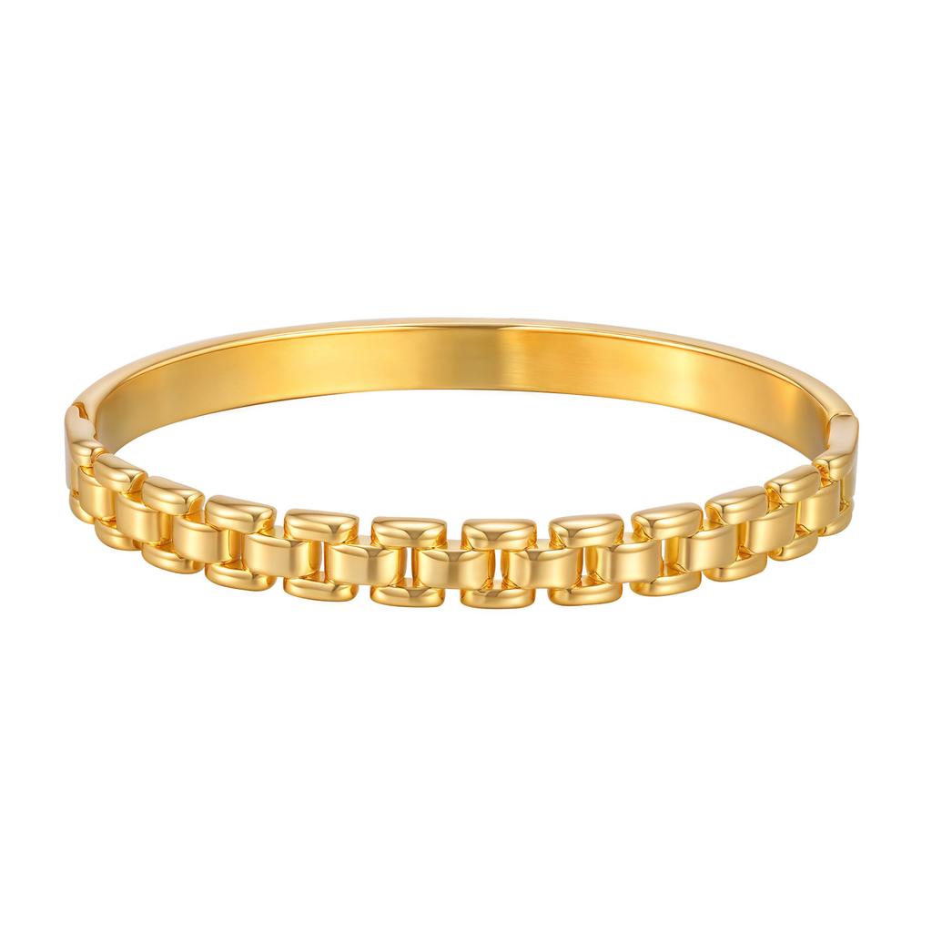 18K Gold Plated Watch Strap Open Bangle Bracelet, Stackable Stainless Steel Chunky Link Bracelets for Women, Luxury Jewelry Gift