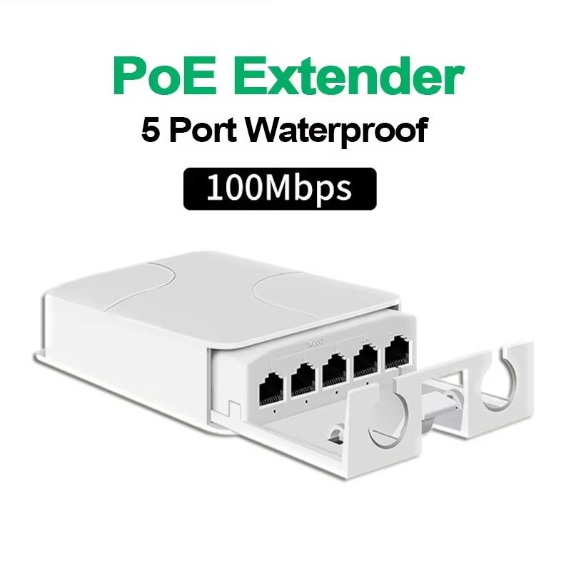Estensore PoE Impermeabile a 5 Porte con Velocità Gigabit 1000Mbps Trasmissione Stabile per Estensione Rete Telecamere di Sicurezza da Esterno
