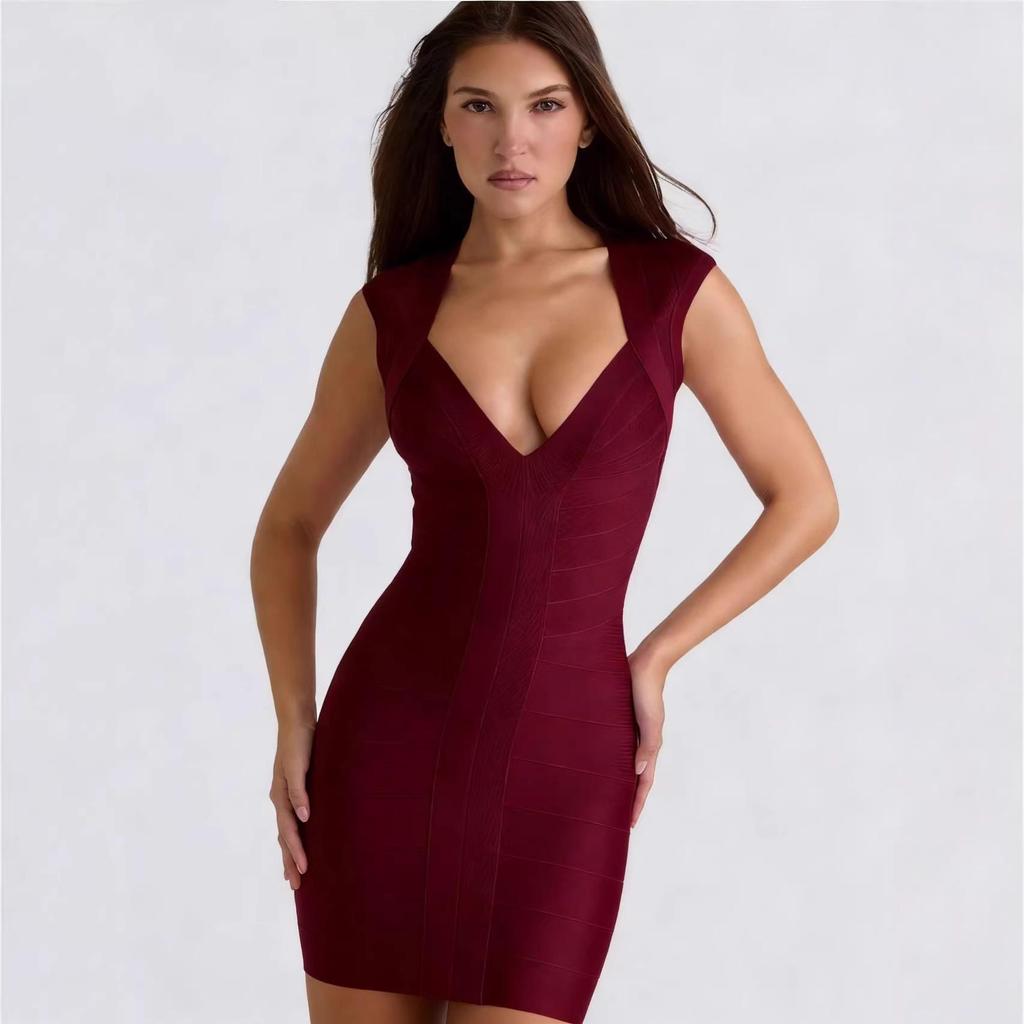 European & American Star Low-Cut Sexy Black Bandage Evening Dress - French Retro Hip-Hugging Women's Gown